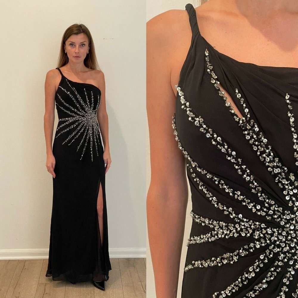 Cinderella Divine Black Sequin 1 Shoulder Maxi Dress Leg Slit Evening Gown 6